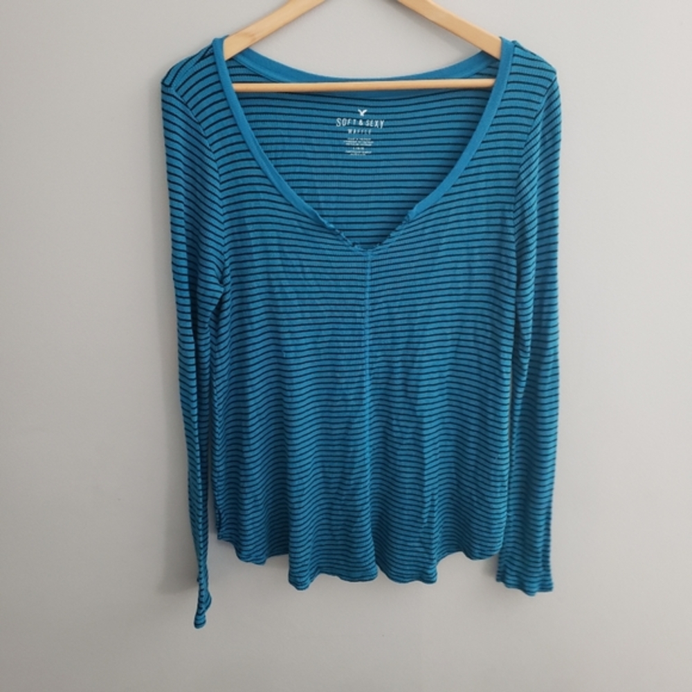 AE teal and black stripe Henley large